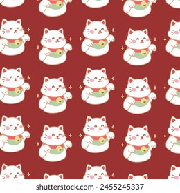 Maneki Neko Japanese Pattern on red background.