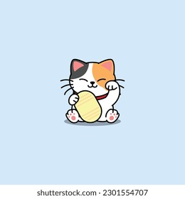 Maneki neko kawaii lucky cat three color cartoon, vector illustration