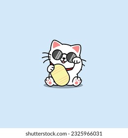 Maneki neko kawaii lucky cat with sunglasses cartoon, vector illustration