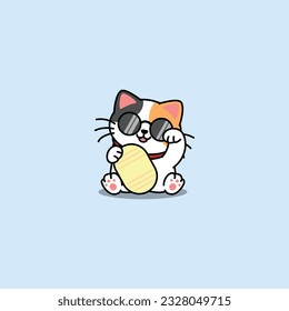 Maneki neko kawaii lucky cat three color with sunglasses cartoon, vector illustration