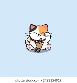 Maneki neko kawaii lucky cat with bubble tea cartoon, vector illustration