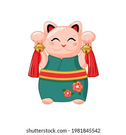 Maneki neko in a kimono. Japanese cat for good luck. Vector illustration.