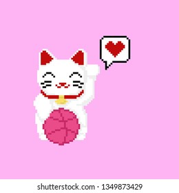 maneki neko with love heart pixel art dribbble ball vector illustration