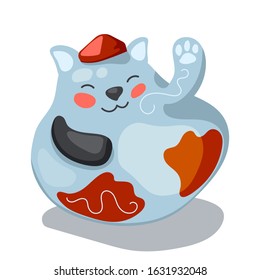 Maneki neko or lucky cat figurine. Traditional asian maskot for Lunar New Year. Happy cat vector illustration on white background. Smiling animal in chinese red hat. Prosperity greeting card clipart