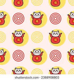 Maneki Neko Lucky Cat in Japan and China Seamless Background for Web, Mobile, Card, Sticker, T-Shirt, Textile Bag and Garment. Hieroglyphic Inscriptions Mean Happiness, Prosperity, Luck. svg