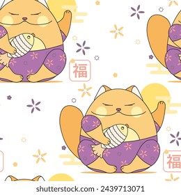 Maneki Neko Lucky Cat in Japan and China Seamless Background for Web, Mobile, Card, Sticker, T-Shirt, Textile Bag and Garment. Japan Hieroglyphs Translating - Happiness, Prosperity, Luck. 