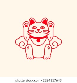 Maneki neko afortunado de la línea del gato arte caricatura icono de la mascota icono de la ilustración vector