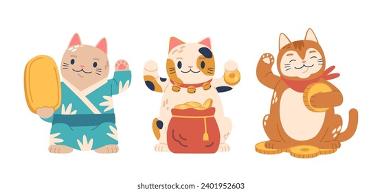 Maneki Neko Lucky Cats, Japanese Figurines With An Upright Paws Symbolizing Good Fortune. Its Beckoning Gesture