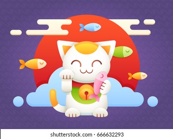 Maneki Neko lucky charm flat vector cat character with fish and oriental background, red sun and japanese waves  svg