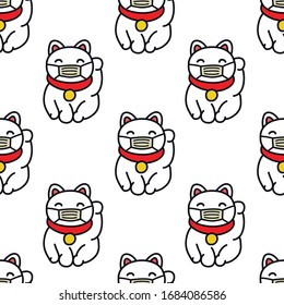 maneki neko with madical mask seamless doodle pattern, vector illustration