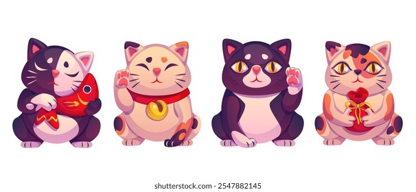 Maneki neko mascot collection showing cats with different items - red fish, golden bell collar, raised waving paw gesture, bag with money. Traditional oriental fortune bringing felines talisman.