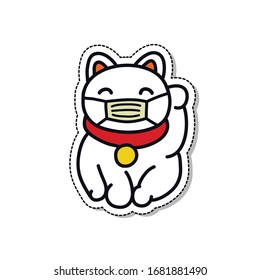 maneki neko with medical mask doodle icon, vector illustration