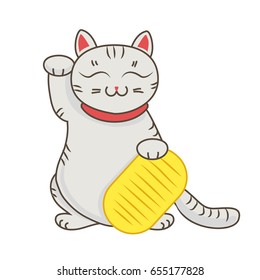 Maneki neko / neco with tablet. A cat with a raised paw as a Japanese luck symbol, vector illustration,