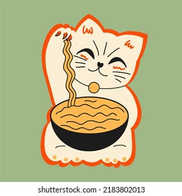 Maneki neko with noodles. Vintage asian japanese food sushi noodles. Promo template for a Japanese restaurant. Advertising with national oriental noodles.