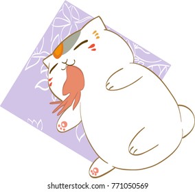 Maneki neko. On a lilac floral background white cat with orange and gray spots eats squid