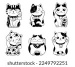 Maneki neko outline set. Collection of minimalistic graphic elements for website. Toys and mascots, Asian style, culture and traditions. Cartoon flat vector illustrations isolated on white background
