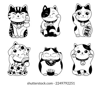 set of cute cats on white background, line style icon vector