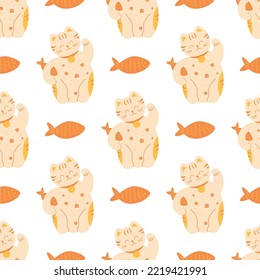 Maneki Neko pattern. Happy lucky cat seamless pattern. Symbol of lucky background. Repeated texture. Fish and maneki neko vector illustration. Traditional Asian maneki neko fortune print, fabric.