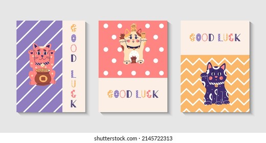 Maneki neko post card set, japanese lucky cat, fortune symbol. Cute kitty character of oriental flat vector illustration.