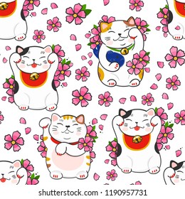 Maneki neko and sakura flowers. Hand drawn colored vector seamless pattern