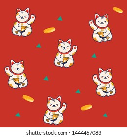 Maneki neko seamless pattern with lucky cat in trendy colors.