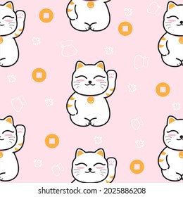 maneki neko seamless pattern, on pink background with copy space. cat of good luck with the paw  vector eps 10