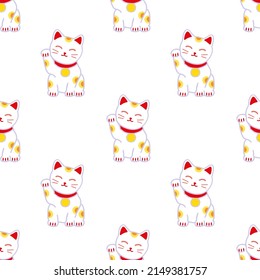 Maneki Neko Seamless pattern. Symbol of good luck, fortune and prosperity. Doodle style vector illustration of Japanese cat