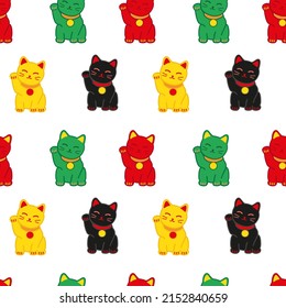 Patrón de Maneki Neko Seamless. Símbolo de buena suerte, fortuna y prosperidad. Ilustración vectorial estilo Doodle del gato japonés