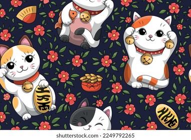 Maneki neko seamless pattern. Traditional Asian toys, culture. Festival and holiday. Symbol of luxury and wealth. Decoration for room and apartment. Poster or banner. Cartoon flat vector illustration