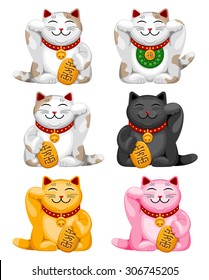 Maneki neko, set of ceramic figure cat with raised paw - traditional japanese talisman for success, wealth, health, love. Vector. Isolated on white background.