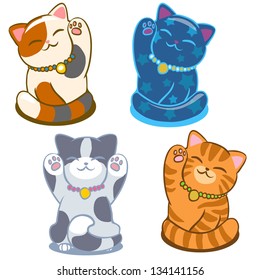 Maneki neko. Set of cute smiling cats. Vector illustration