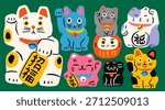 Maneki Neko set, Daruma. Various asian cats. Traditional souvenir. Talisman, amulet, good luck symbol, fortune, success, prosperity concept. Hand drawn Vector illustration. Isolated design elements