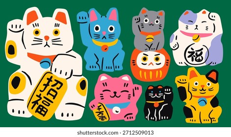 Conjunto de Maneki Neko, Daruma. Varios gatos asiáticos. Recuerdo tradicional. Talismán, amuleto, símbolo de la buena suerte, fortuna, éxito, concepto de prosperidad. Ilustración vectorial dibujada a mano. Elementos de diseño aislados