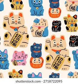 Maneki Neko set, Daruma. Vários gatos asiáticos. Lembrança tradicional. Talismã, amuleto, símbolo de boa sorte, fortuna, sucesso, conceito de prosperidade. Ilustração de vetor desenhada à mão. Padrão sem emenda quadrado