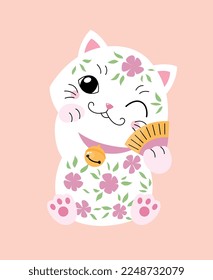 Maneki neko style. Graphic element for website. White kitten in colorful abstract patterns with fan in his hand. Template, layout and mock up. Traditions and culture. Cartoon flat vector illustration