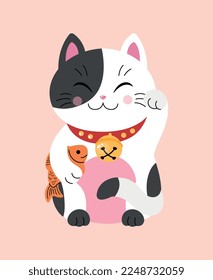 Maneki neko style. Happy cat with fish waves its paw. Lovable character. Toy or mascot. Traditions and culture. Poster or banner for website. Asian and chinese. Cartoon flat vector illustration