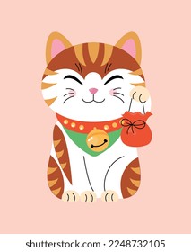 Maneki neko style. Symbol of luxury and wealth, toys or mascots. Decor element for rooms and apartments. Poster or banner for website. Template, layout ad mock up. Cartoon flat vector illustration