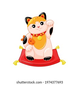 Maneki Neko, a symbol of good luck and wealth. Japanese cat with raised paw and fish. Cartoon Style. Vector illustration
