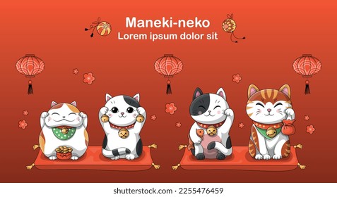 Texto de Maneki neko. Cultura y tradiciones asiáticas. Riqueza y lujo, decoración para apartamentos y casas. Juguete de gato, gatito. Afiche o pancarta. Dibujo vectorial plano de dibujos animados