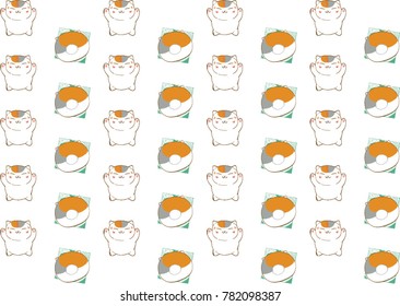 Maneki neko texture. Pattern with kittens. Happy sleeping white cat on a transparent background