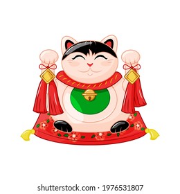 Maneki Neko is a traditional Japanese cat. A symbol of good luck and wealth. Colorful vector illustration.