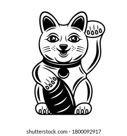 Maneki Neko traditional japanese lucky cat with beckoning paw vector illustration in vintage monochrome style isolated on white background