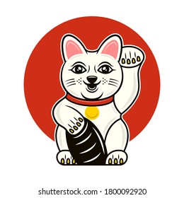 Maneki Neko traditional japanese lucky cat with beckoning paw vector illustration in cartoon colored style isolated on white background