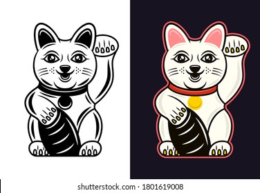 Maneki Neko traditional japanese lucky cat with beckoning paw in two styles black on white and colored on dark background vector illustration