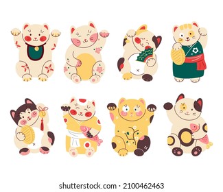 Maneki neko in verschiedenen Posen und Kleidung Cartoon Vektorgrafik Set. Sammlung verschiedener lustiger japanischer Glückskatzen einzeln auf weißem Hintergrund. Traditionelles Spielzeugkonzept aus Asien