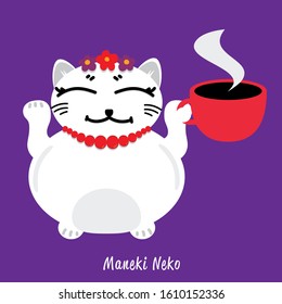 Maneki Neko. Vector illustration of cat. Maneki Neko characters with cup of coffee.