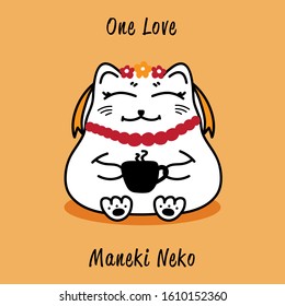 Maneki Neko. Vector illustration of cat. Maneki Neko characters with cup of coffee.