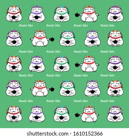 Maneki Neko. Vector illustration of cat. Maneki Neko characters with cup of coffee.