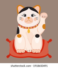 Maneki neko vector isolated on brown background. Lucky cat in japanese traditional culture. Talisman or mascot symbol in flat style. Plastic, ceramic souvenir.