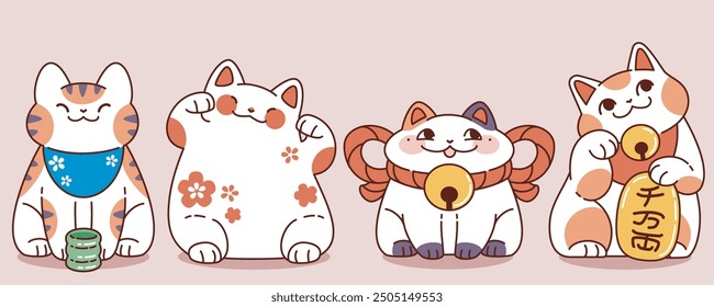 Vector Maneki neko. Gato de la suerte japonés por dinero y fortuna. Símbolo de personaje de gatito con campana en el cuello. Divertida colección de recuerdo de juguete tradicional chino. Conjunto gráfico de diseño de mascota oriental kawaii